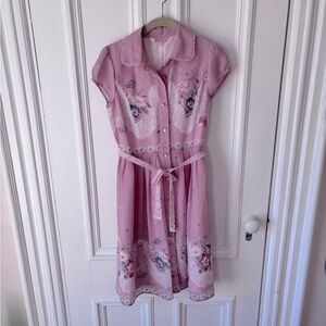 Women’s Cap Sleeve Pink Floral Lined Button Front Ribbon Tie Dress Size Small